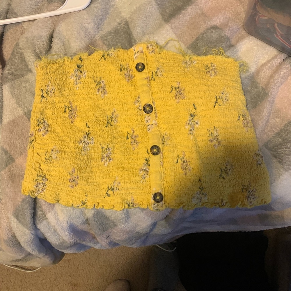 size small strapless shirt, i made it out of a jumpsuit, yellow, purple